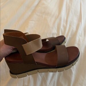 MIA Tan and Brown Wedge Sandals
